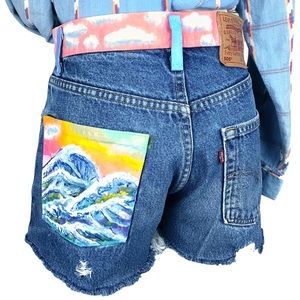 Levi’s 505 DIY Distressed Cutoff Hand Painted Rainbow Cloud Denim Jean Shorts